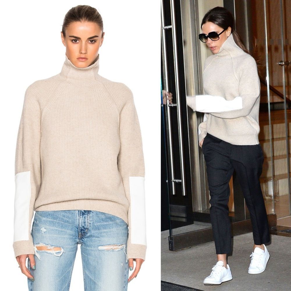 Victoria Beckham RARE Lambswool Military Patch Sleeve Jumper Sweater Luxe Tan M